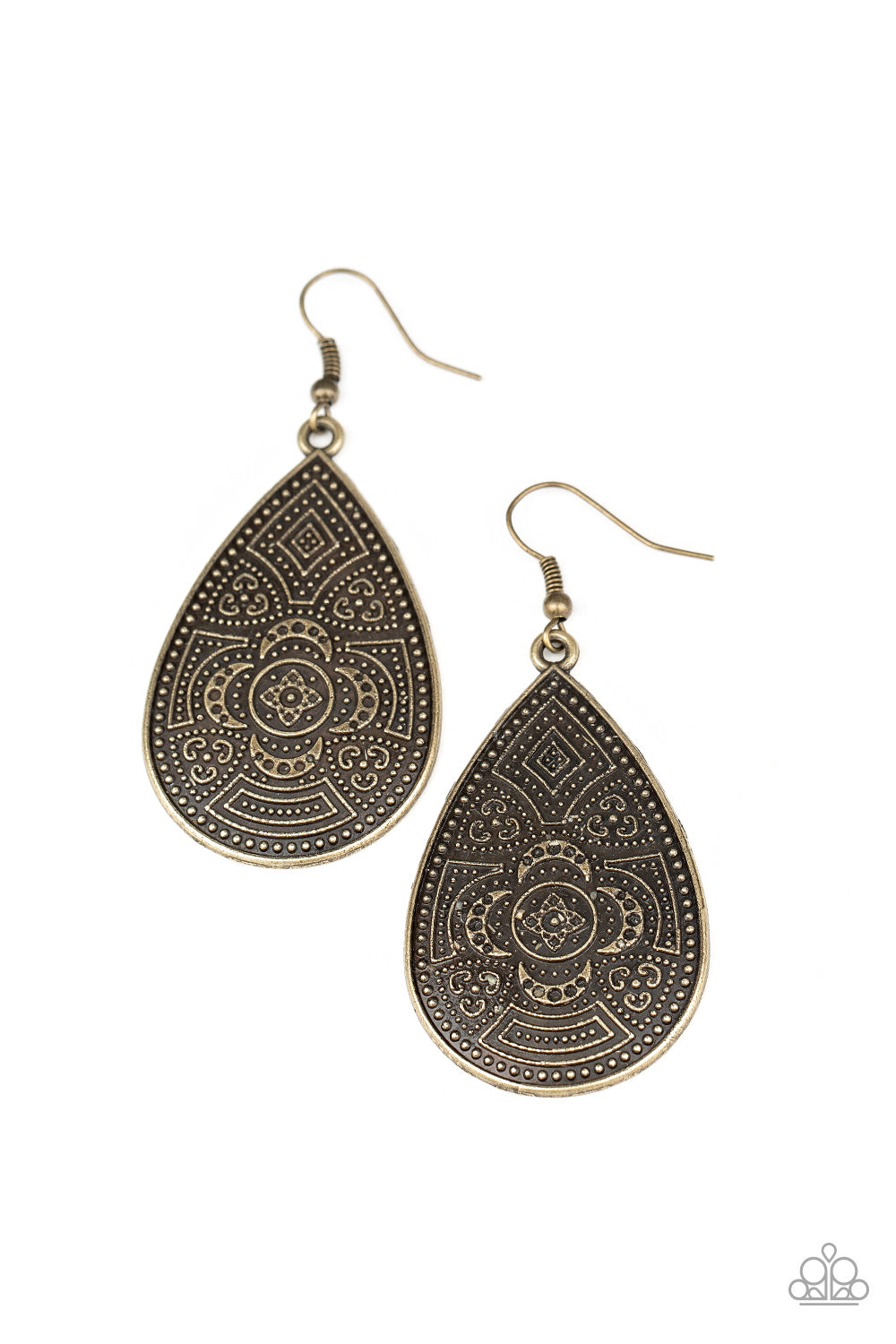 Studded in a decorative floral pattern, an antiqued brass teardrop swings from the ear in a trendy tribal fashion. Earring attaches to a standard fishhook fitting.  Sold as one pair of earrings.