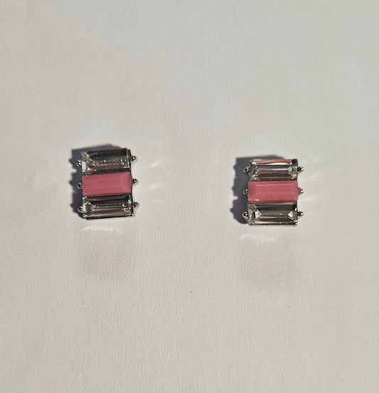 Kids' rectangle earrings with pink rectangle bead in center and clear rectangle beads on each side