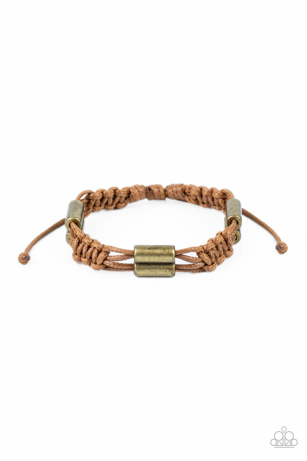 Bold brass accents are knotted in place along tan cording that decoratively braids around the wrist for a rustic flair. Features an adjustable sliding knot closure.  Sold as one individual bracelet.