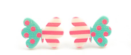 Colorful earrings in assorted colors and shapes. Featuring one striped and one polka dotted wing, the colorful butterfly frames vary in shades of pink and blue. Earrings attach to standard post fittings.  Sold as one pair of post earrings.