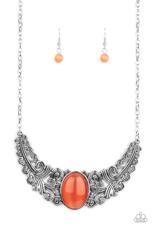 Featuring vine and floral details, leafy silver frames branch out from an oversized orange cat's eye stone center, creating a dramatically whimsical centerpiece below the collar. Features an adjustable clasp closure.  Sold as one individual necklace. Includes one pair of matching earrings.