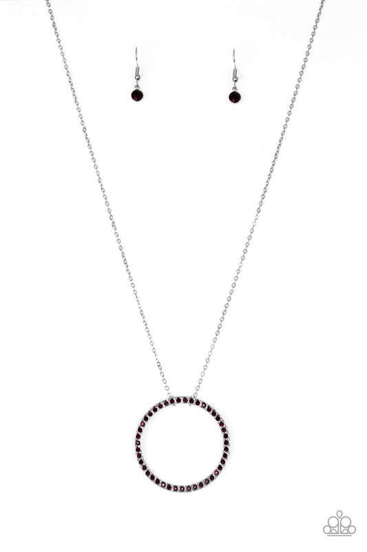 Encrusted in glittery purple rhinestones, a dramatic silver hoop swings from the bottom of a lengthened silver chain for a refined look. Features an adjustable clasp closure.  Sold as one individual necklace. Includes one pair of matching earrings.
