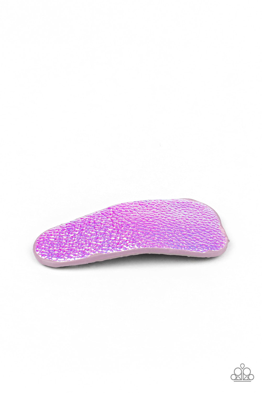 Brushed in an iridescent shimmer, a triangular piece of leather delicately pins back the hair for a retro holographic look. Features a standard snap clip on the back.  Sold as one individual hair clip.