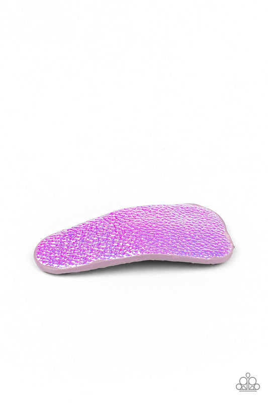 Brushed in an iridescent shimmer, a triangular piece of leather delicately pins back the hair for a retro holographic look. Features a standard snap clip on the back.  Sold as one individual hair clip.