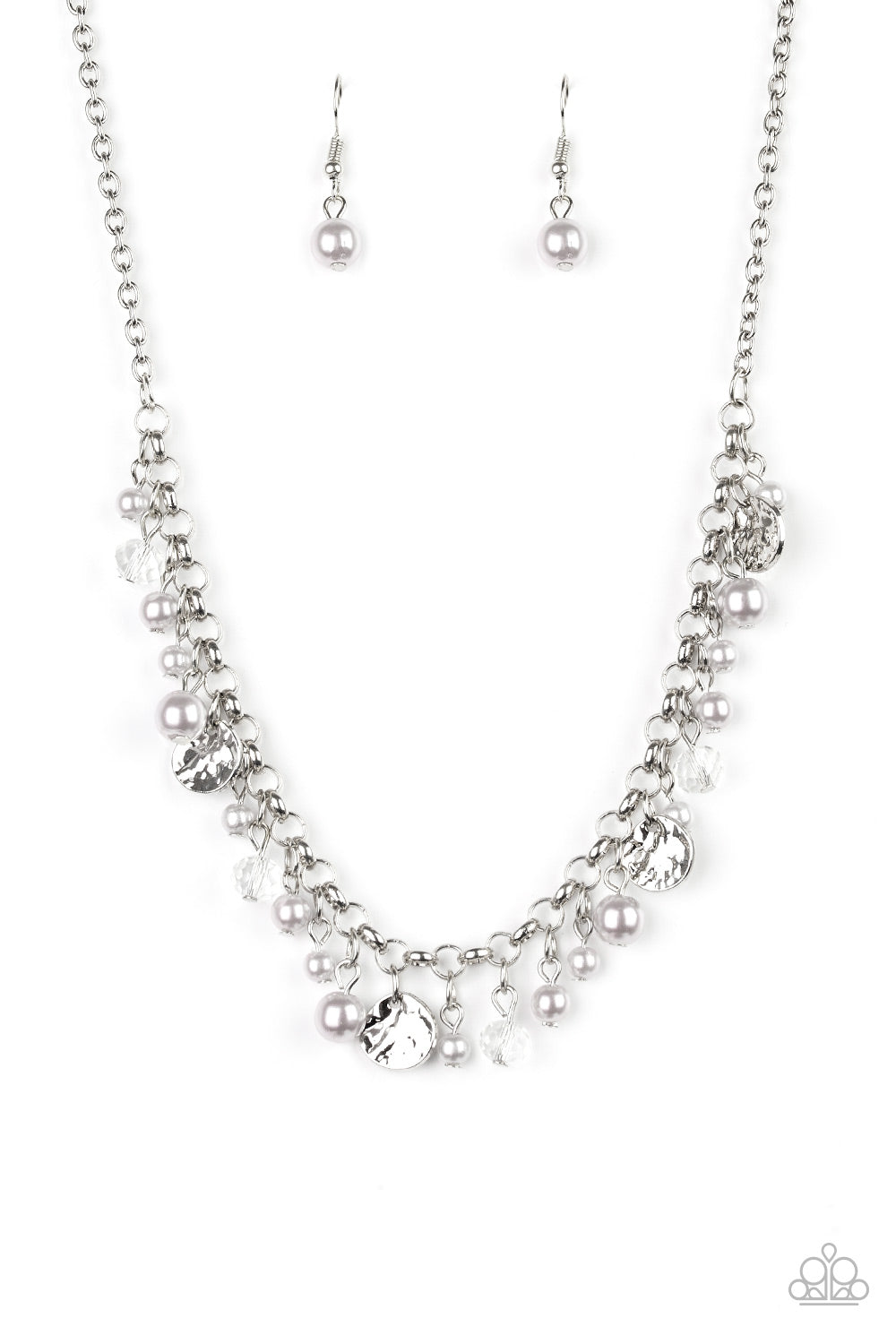 Pearly silver beads, smoky crystal-like gems, and hammered silver discs swing from a bold silver chain, creating a refined fringe below the collar. Features an adjustable clasp closure.  Sold as one individual necklace. Includes one pair of matching earrings.