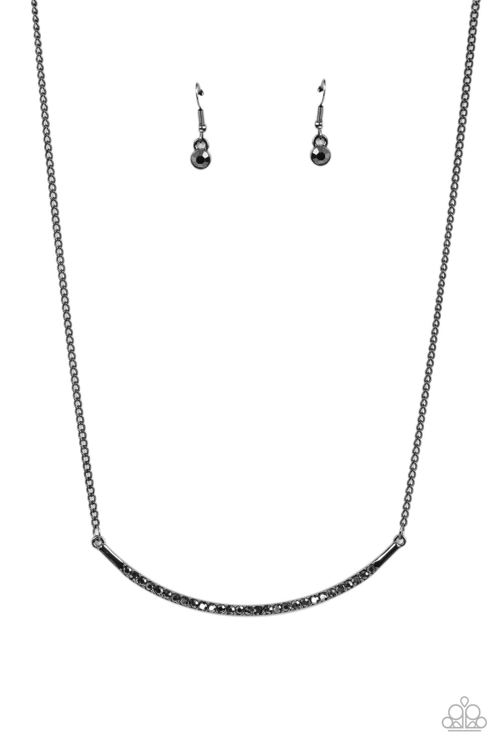 Encrusted in smoky hematite rhinestones, a curved gunmetal bar bows below the collar for a smoldering style. Features an adjustable clasp closure.  Sold as one individual necklace. Includes one pair of matching earrings.