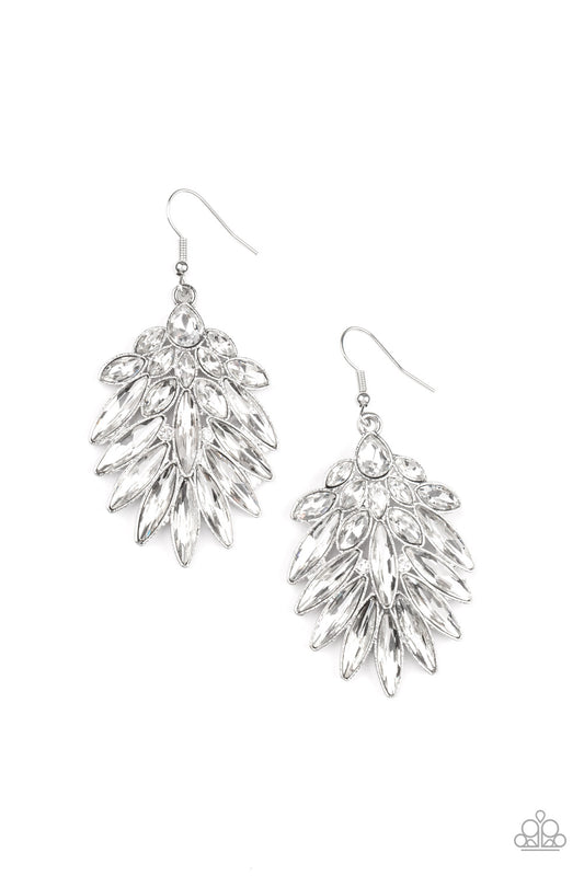 A glassy white teardrop rhinestone gives way to a sparkly fan of classic white and oblong marquise cut rhinestones, coalescing into an out-of-this-world statement piece. Earring attaches to a standard fishhook fitting.  Sold as one pair of earrings.