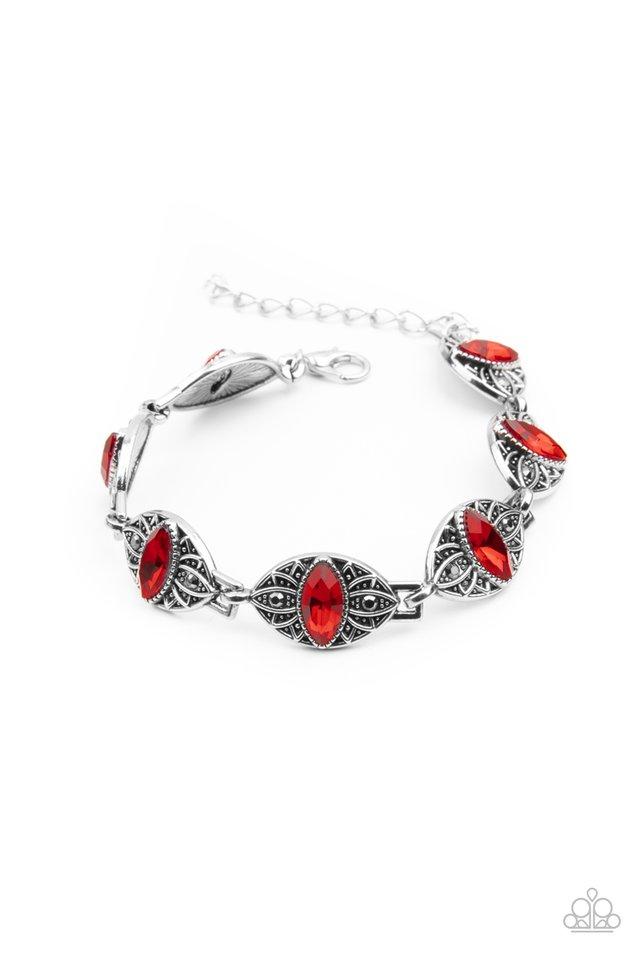 Featuring red marquise rhinestone centers, silver studded floral frames are dotted in dainty hematite rhinestones as they link around the wrist for a regal flair. Features an adjustable clasp closure.

Sold as one individual bracelet.
