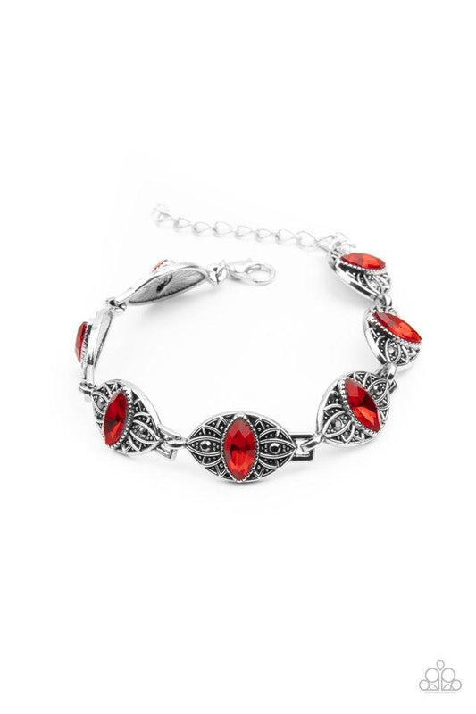 Featuring red marquise rhinestone centers, silver studded floral frames are dotted in dainty hematite rhinestones as they link around the wrist for a regal flair. Features an adjustable clasp closure.

Sold as one individual bracelet.