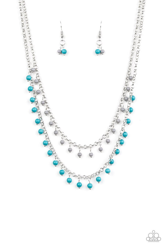 A row of dainty gray beads gives way to a row of refreshing blue beads, layering into a colorful fringe below the collar. Features an adjustable clasp closure.  Sold as one individual necklace. Includes one pair of matching earrings.