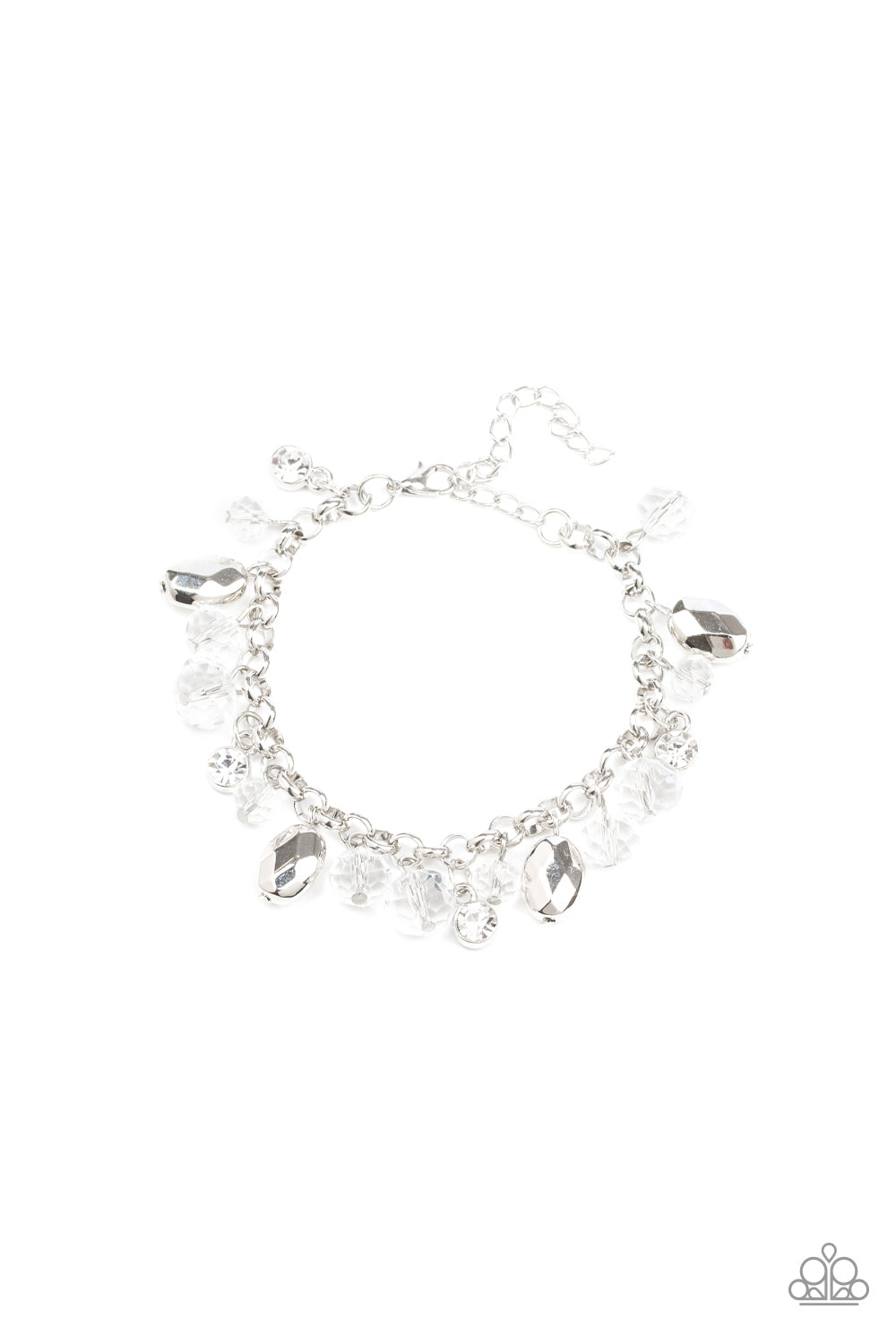 A glittery collection of sparkling white rhinestones, faceted silver beads, and glassy crystal-like beads dangle from the wrist, creating a refined fringe. Features an adjustable clasp closure.

Sold as one individual bracelet.