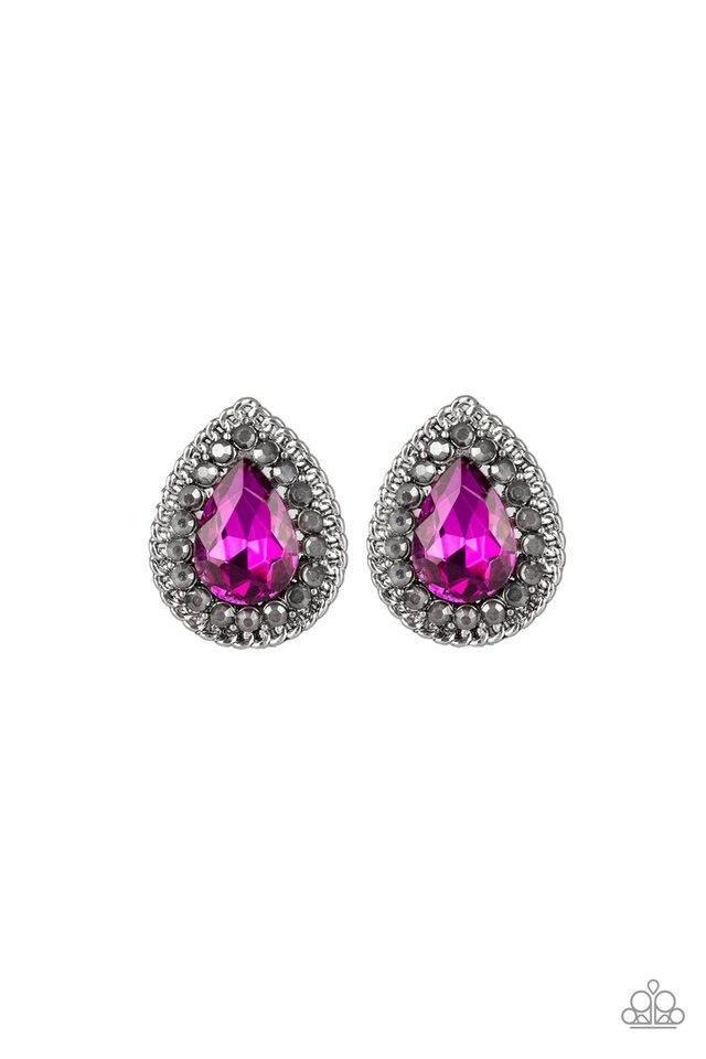 A glittery pink teardrop gem is pressed into the center of a silver frame radiating with glittery hematite rhinestones. A chain of shimmery silver links border the sparkling center for an edgy elegance. Earring attaches to a standard post fitting.  Sold as one pair of post earrings.