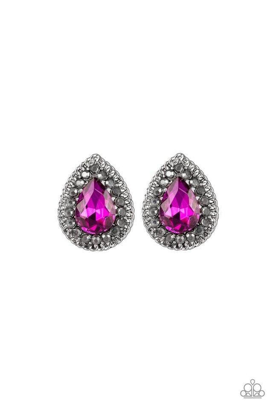 A glittery pink teardrop gem is pressed into the center of a silver frame radiating with glittery hematite rhinestones. A chain of shimmery silver links border the sparkling center for an edgy elegance. Earring attaches to a standard post fitting.  Sold as one pair of post earrings.