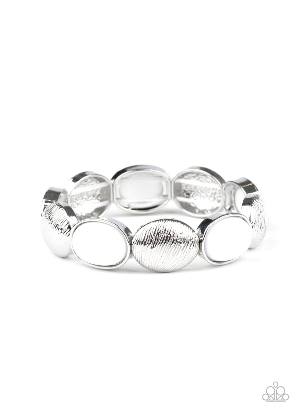 Bubbly white beaded frames and textured silver caps alternate along stretchy bands around the wrist, adding a colorful pop of color.

Sold as one individual bracelet.