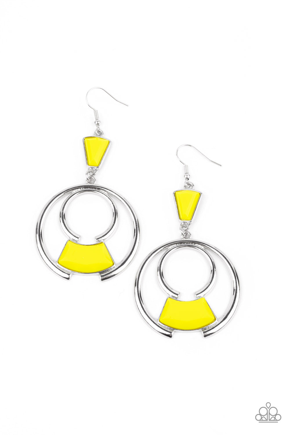 Bold silver circles create an eye-catching frame for a vibrant Illuminating faceted bead. The trendy pendant sways from an Illuminating triangular bead anchor for an embellished finish. Earring attaches to a standard fishhook fitting.  Sold as one pair of earrings.