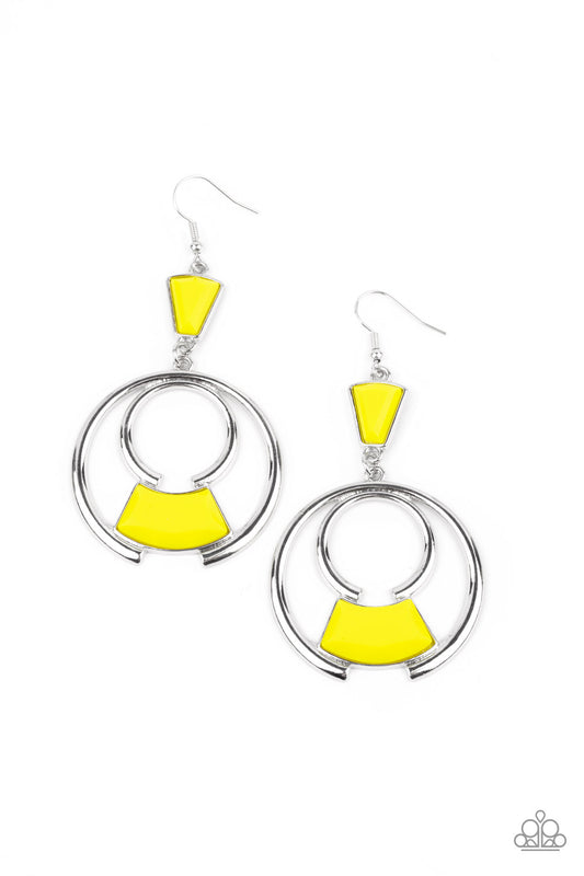 Bold silver circles create an eye-catching frame for a vibrant Illuminating faceted bead. The trendy pendant sways from an Illuminating triangular bead anchor for an embellished finish. Earring attaches to a standard fishhook fitting.  Sold as one pair of earrings.