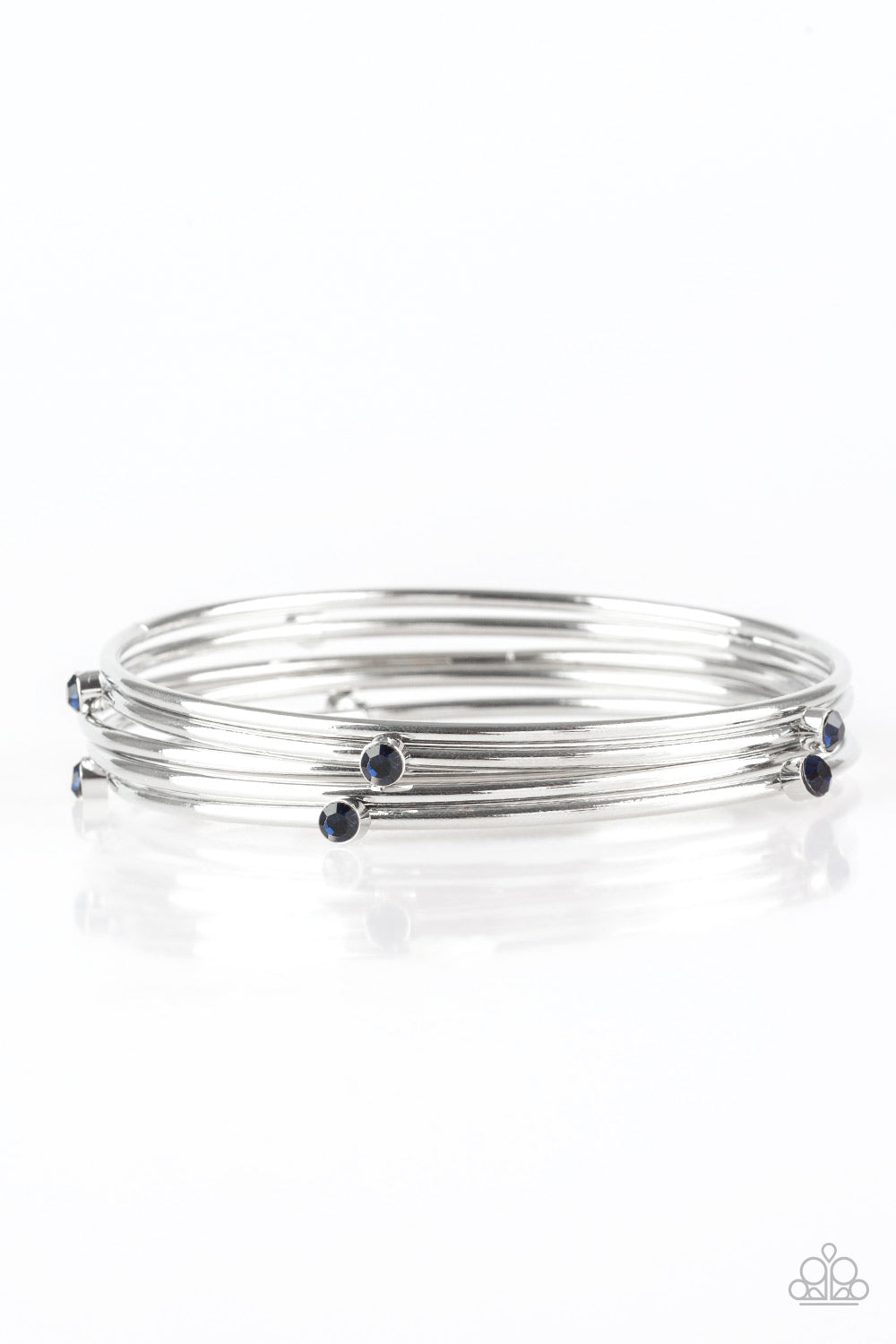 Three shiny silver and two blue rhinestone-encrusted bangles stack across the wrist for a refined look.  Sold as one set of five bracelets.
