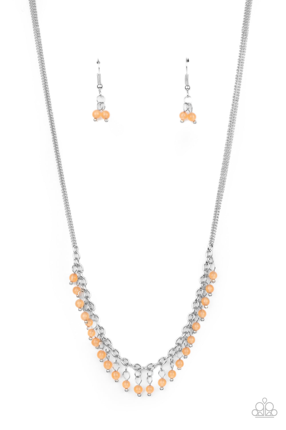 Dainty orange cat's eye stones dangle from a classic silver chain, creating a dewy fringe below the collar. Features an adjustable clasp closure.  Sold as one individual necklace. Includes one pair of matching earrings.