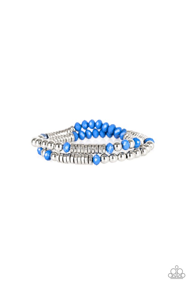 Classic silver beads, faceted Nebulas Blue beads, and dainty silver discs are threaded along stretchy bands, creating shimmery layers across the wrist.

Sold as one set of two bracelets.