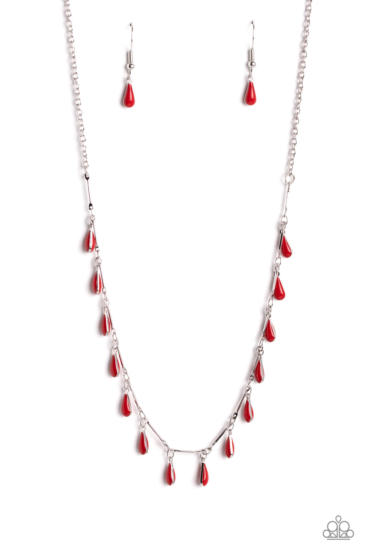 Women's silver necklace with small teardrop red beads dangling along chain (with small red teardrop bead earrings)