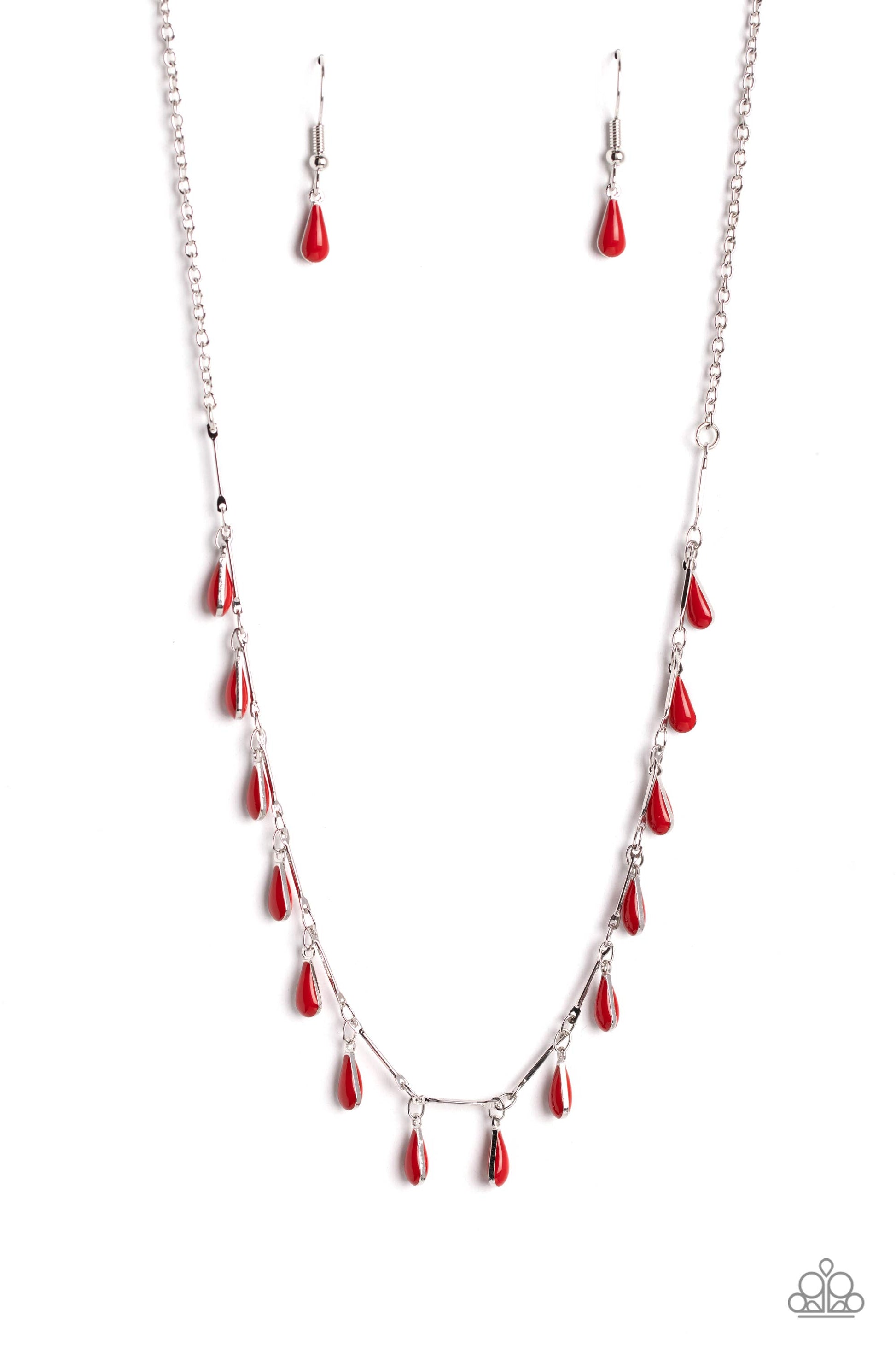 Women's silver necklace with small teardrop red beads dangling along chain (with small red teardrop bead earrings)