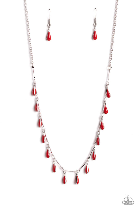 Women's silver necklace with small teardrop red beads dangling along chain (with small red teardrop bead earrings)