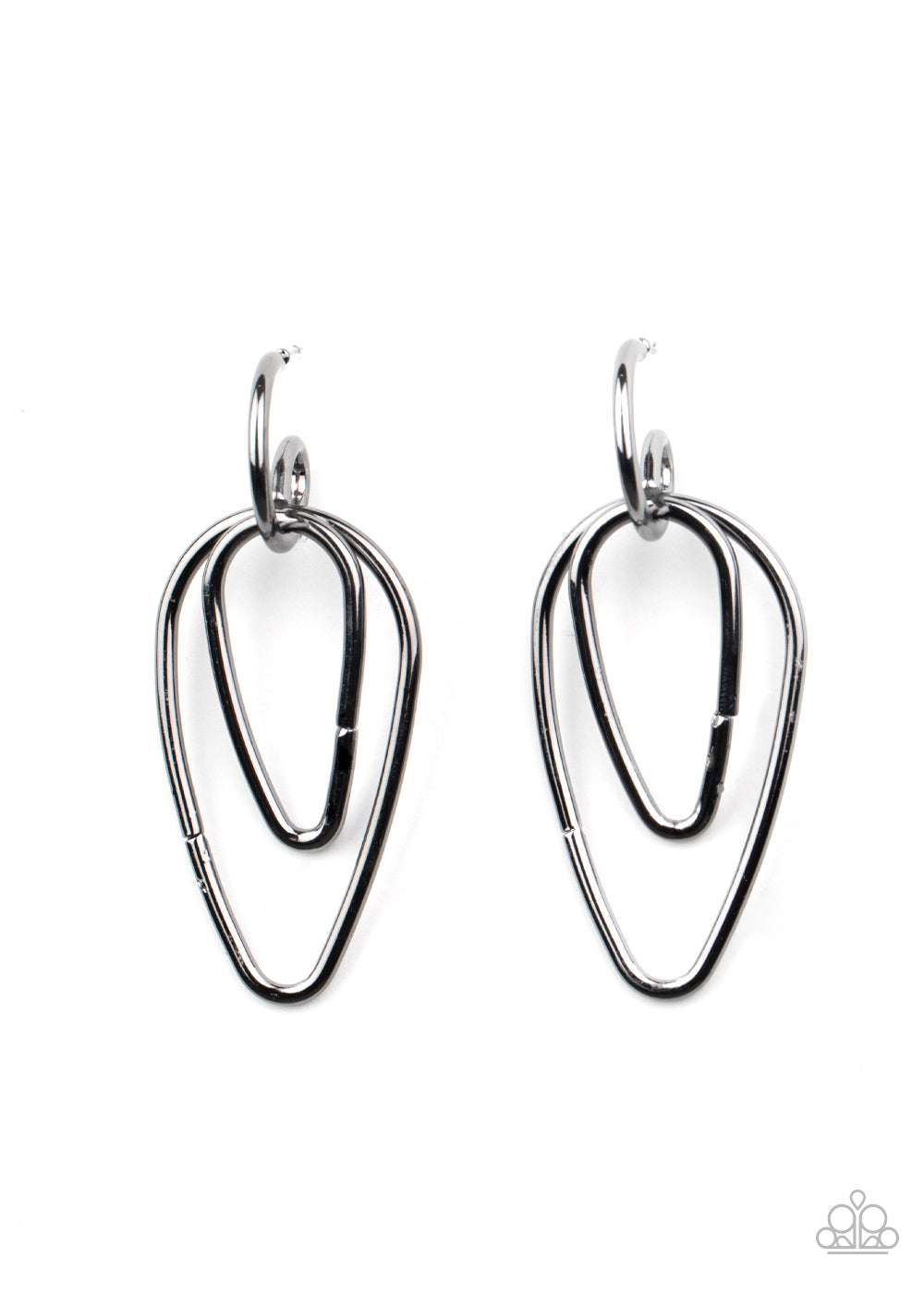 A squiggly gunmetal bar curls around the tops of two teardrop gunmetal frames, creating an abstract hoop. Earring attaches to a standard post fitting. Hoop measures approximately 3/4" in diameter.  Sold as one pair of hoop earrings.