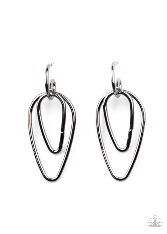 A squiggly gunmetal bar curls around the tops of two teardrop gunmetal frames, creating an abstract hoop. Earring attaches to a standard post fitting. Hoop measures approximately 3/4" in diameter.  Sold as one pair of hoop earrings.