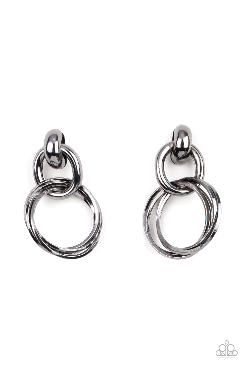 Glistening gunmetal hoops are threaded through a bold gunmetal fitting, adding a timeless twist to the dynamic display. Earring attaches to a standard post fitting.  Sold as one pair of post earrings.