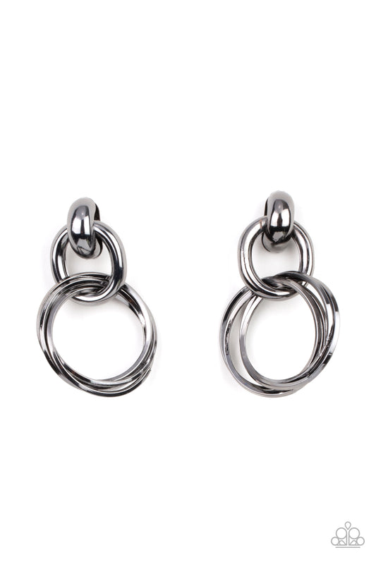 Glistening gunmetal hoops are threaded through a bold gunmetal fitting, adding a timeless twist to the dynamic display. Earring attaches to a standard post fitting.  Sold as one pair of post earrings.