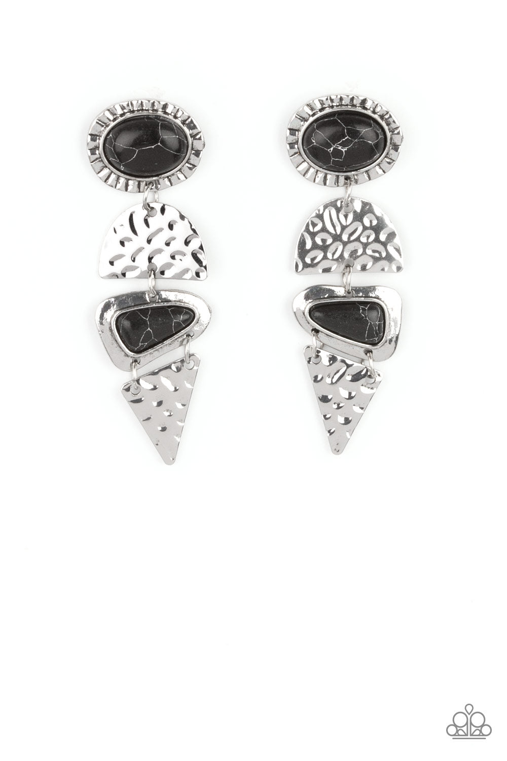 Dotted with oval and triangular black stone accents, mismatched silver frames alternate with hammered geometric silver plates, creating an elegantly earthy lure. Earring attaches to a standard post fitting.  Sold as one pair of post earrings.