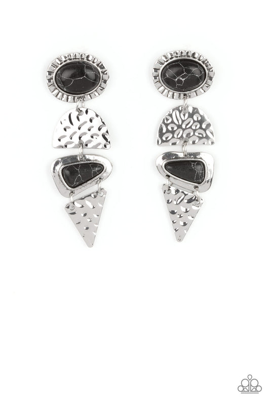 Dotted with oval and triangular black stone accents, mismatched silver frames alternate with hammered geometric silver plates, creating an elegantly earthy lure. Earring attaches to a standard post fitting.  Sold as one pair of post earrings.