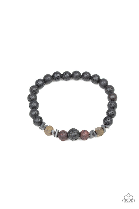 An earthy collection of metallic accents and brown and black lava beads are threaded along a stretchy band around the wrist for a seasonal look.  Sold as one individual bracelet.