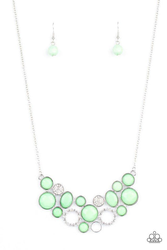 A mismatched collection of faceted minty green beaded frames and white rhinestone embellished accents delicately connect into a bubbly clustered pendant below the collar, creating a colorful statement piece. Features an adjustable clasp closure.  Sold as one individual necklace. Includes one pair of matching earrings. 