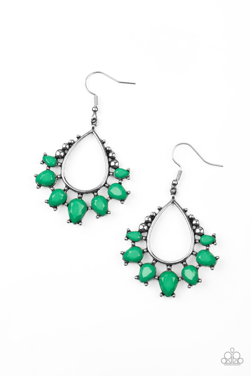 Featuring studded pronged fittings, faceted Leprechaun teardrop beads flare out from the bottom of an airy silver teardrop frame for a verdant pop of color. Earring attaches to a standard fishhook fitting.  Sold as one pair of earrings.