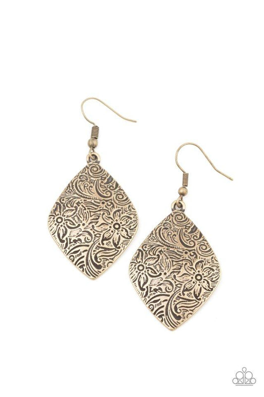 Brushed in an antiqued shimmer, the front of a brass frame is embossed in a whimsical floral pattern for a seasonal flair. Earring attaches to a standard fishhook fitting.  Sold as one pair of earrings.