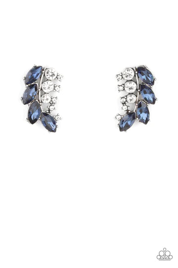 A frond of dazzling blue marquise and round white rhinestones delicately curves below the ear for a flawless finish. Earring attaches to a standard post fitting.  Sold as one pair of post earrings.