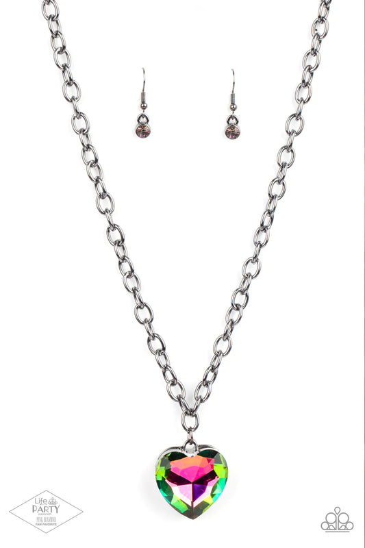 Women's silver necklace with multi colored rhinestone