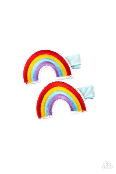 Red, yellow, blue, and purple threaded rows arc into a magical pair of rainbows. Each rainbow features a standard duck bill hair clip on the back.  Sold as one pair of hair clips