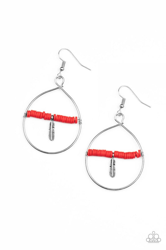 Infused with a dainty silver feather charm, a dainty row of rubbery red discs are threaded along a metallic rod inside an airy silver hoop for a free-spirited fashion. Earring attaches to a standard fishhook fitting.  Sold as one pair of earrings.
