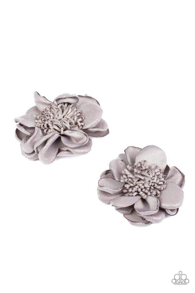 Waxy gray petals bloom from a springy center, creating a charming pair of colorful blossoms. Each flower features a standard hair clip on the back.  Sold as one pair of hair clips.