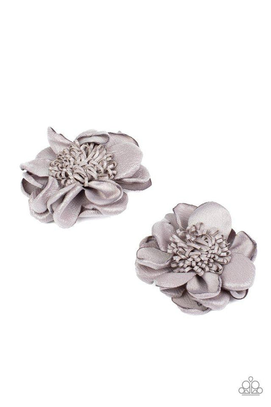 Waxy gray petals bloom from a springy center, creating a charming pair of colorful blossoms. Each flower features a standard hair clip on the back.  Sold as one pair of hair clips.