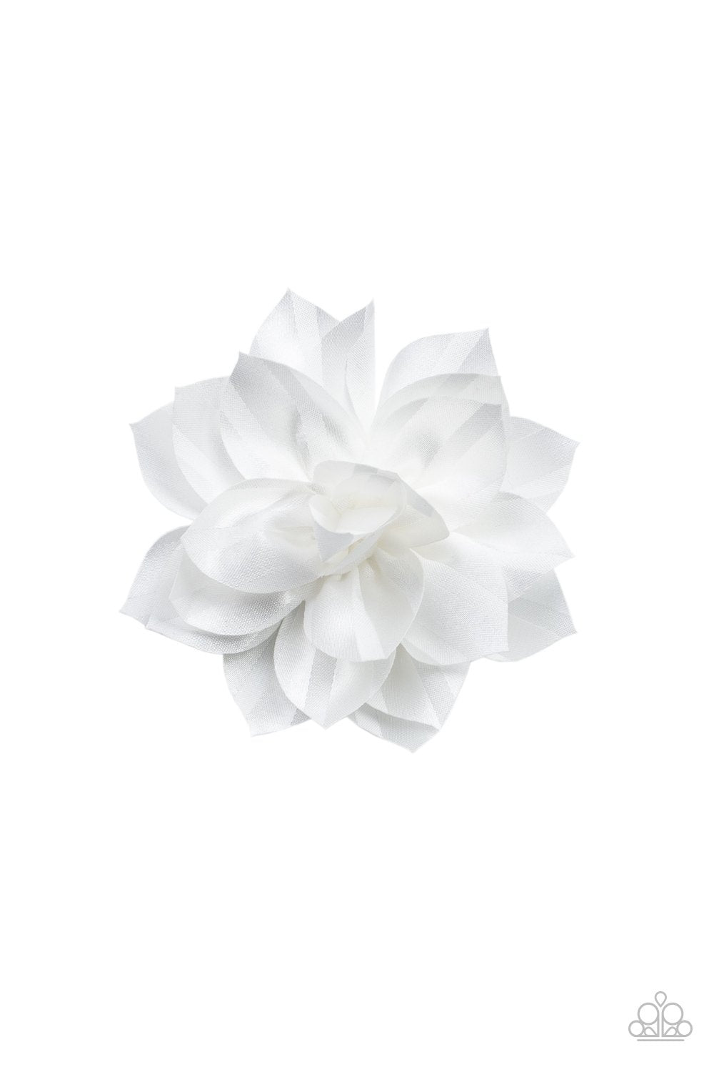 White ribbon-like petals gather into a satin blossom, creating an elegant display. Features a standard hair clip on the back.  Sold as one individual hair clip.