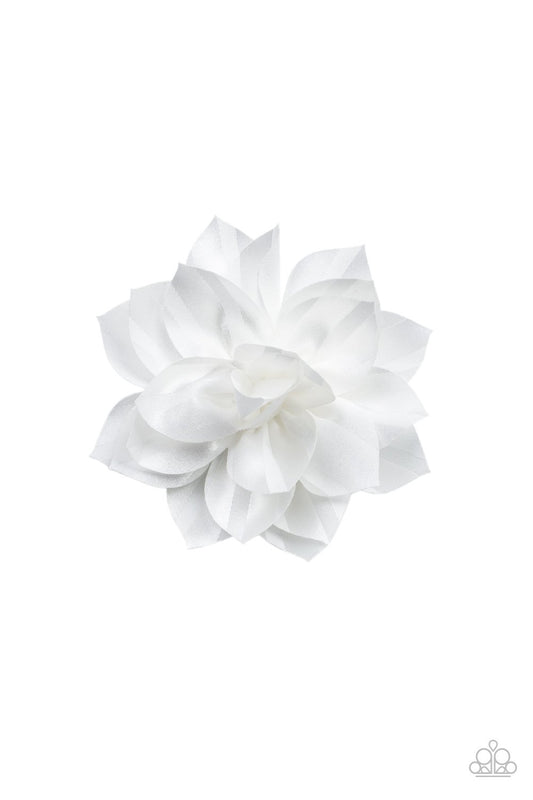 White ribbon-like petals gather into a satin blossom, creating an elegant display. Features a standard hair clip on the back.  Sold as one individual hair clip.