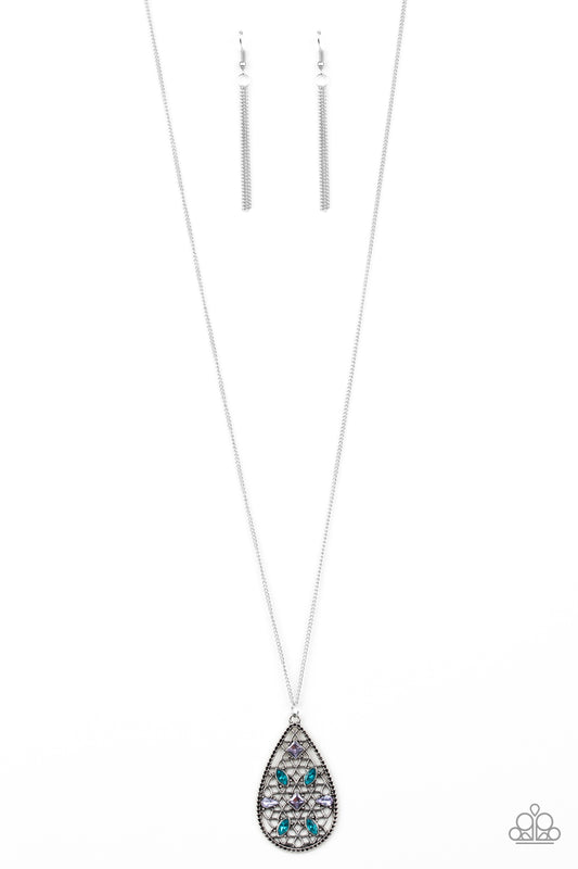 Dotted in a variety of multicolored rhinestones, a silver teardrop pendant swings from the bottom of a lengthened silver chains for a refined look. Features an adjustable clasp closure.  Sold as one individual necklace. Includes one pair of silver fringe earrings.