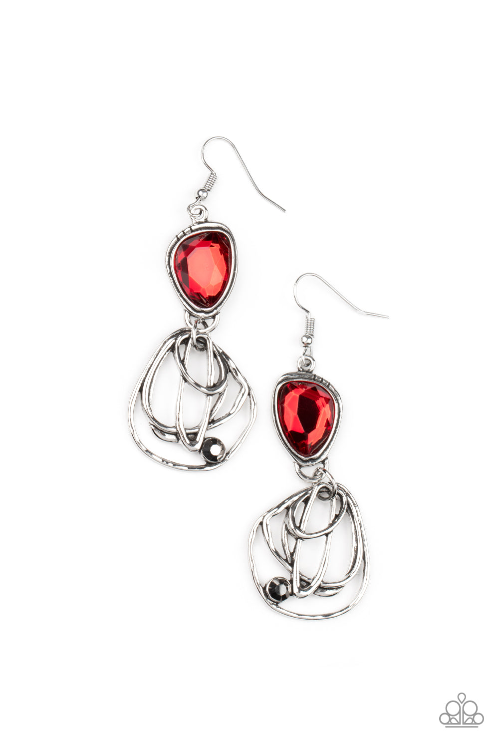 Encased in a stacked silver frame, an asymmetrical red gem gives way to a dizzyingly abstract silver frame dotted with a single hematite rhinestone for an edgy finish. Earring attaches to a standard fishhook fitting.  Sold as one pair of earrings.