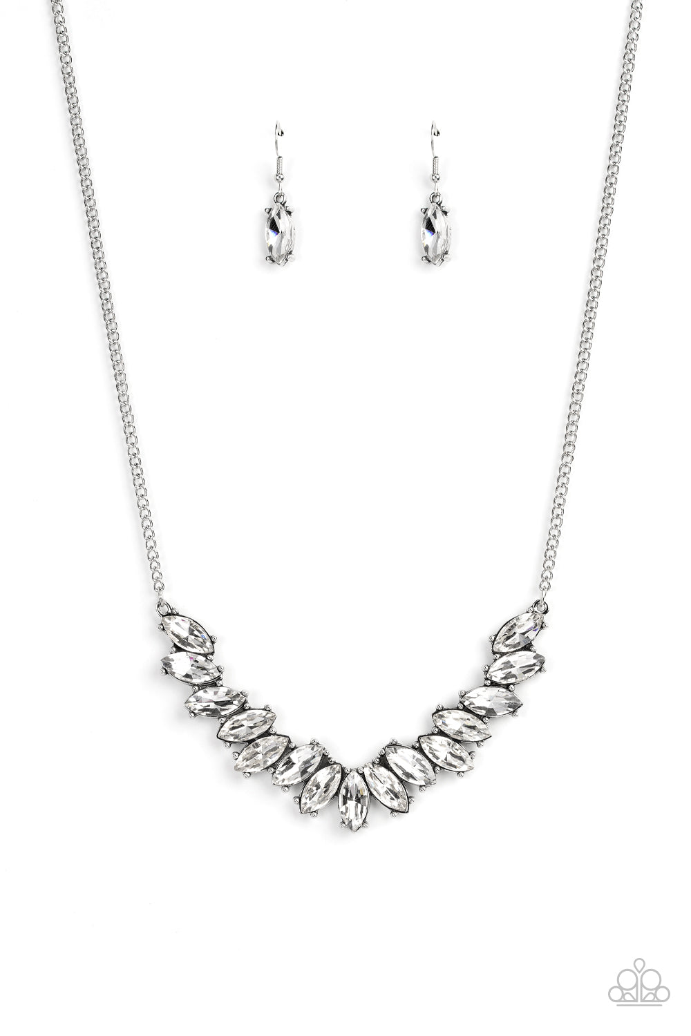 Featuring pronged silver fittings, a sparkly series of white marquise cut rhinestones fan out below the collar for a stellar statement-making look. Features an adjustable clasp closure.  Sold as one individual necklace. Includes one pair of matching earrings.