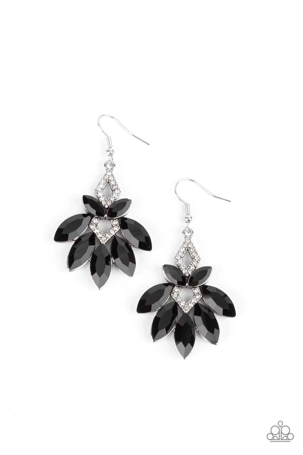 Featuring regal marquise style cuts, oversized black gems fan out from glassy white rhinestone dotted frames that stack into a glamorous lure. Earring attaches to a standard fishhook fitting.  Sold as one pair of earrings.