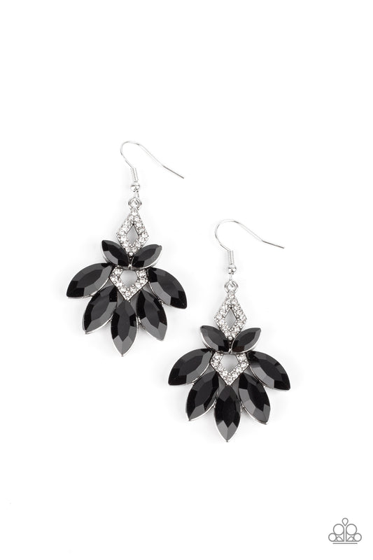 Featuring regal marquise style cuts, oversized black gems fan out from glassy white rhinestone dotted frames that stack into a glamorous lure. Earring attaches to a standard fishhook fitting.  Sold as one pair of earrings.