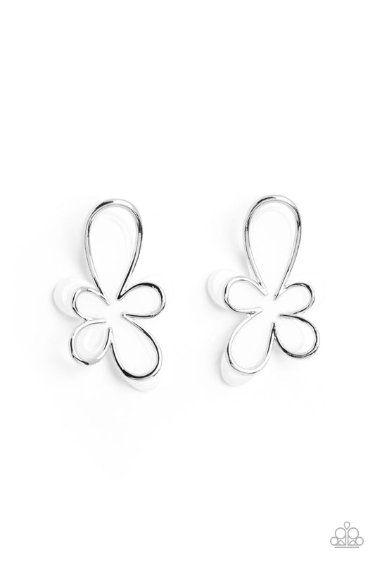 Overlapping a white abstract acrylic flower, a silver outline in the same abstract floral shape glimmers atop the pop of color for a three-dimensional fashionable lure. Earring attaches to a standard post fitting.  Sold as one pair of post earrings.